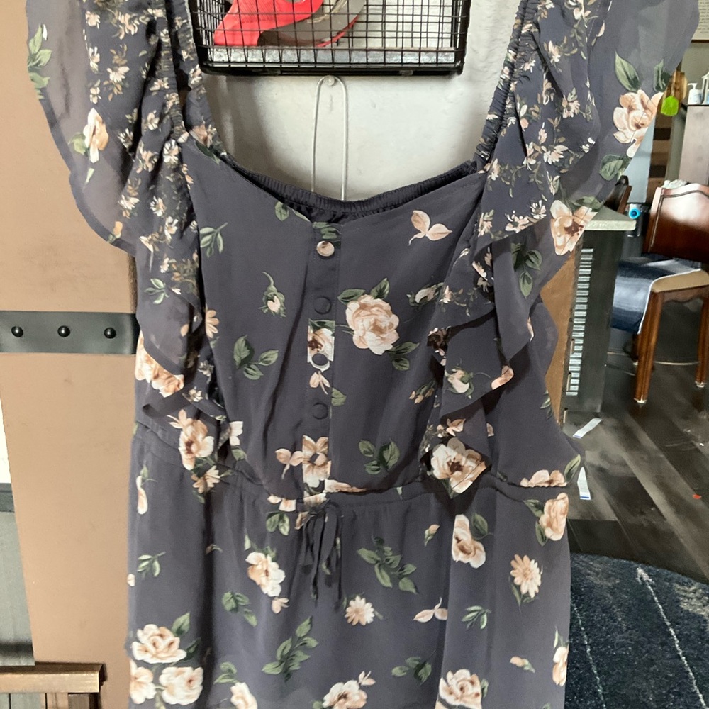 torrid Charcoal Floral Ruffle Midi Dress with Cream Roses
